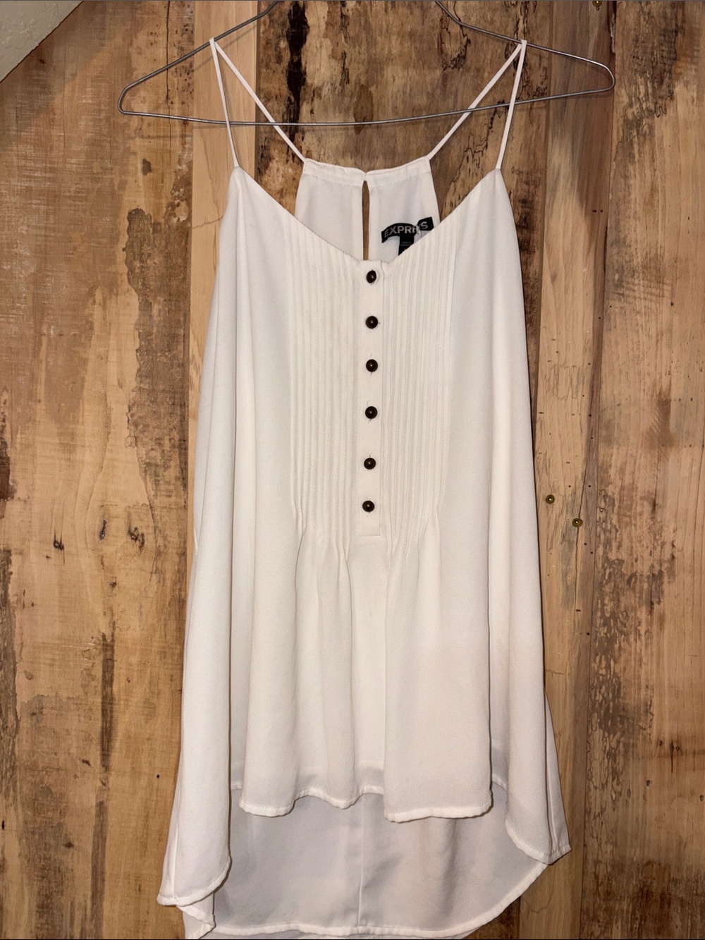 #110 Express White Spaghetti Strap Pintuck Button Tank